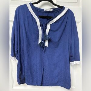 Boho Blue Tassel Tie V-Neck Tunic with White Trim size L